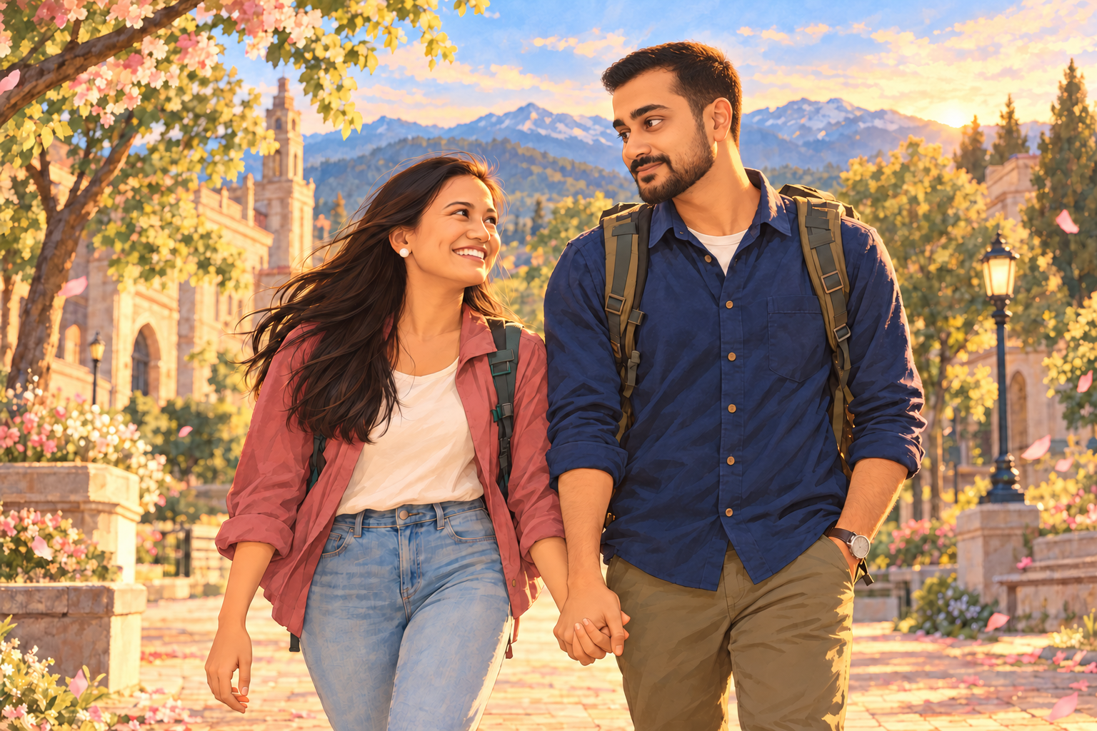 A hand-painted illustration of Maria and Abdul walking hand in hand through a beautiful campus